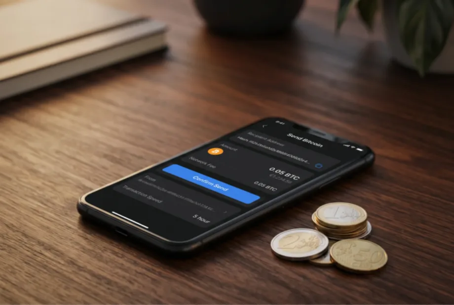 Nutitelefon krüptorahakoti rakendusega avatud Bitcoin'i saatmise ekraanil